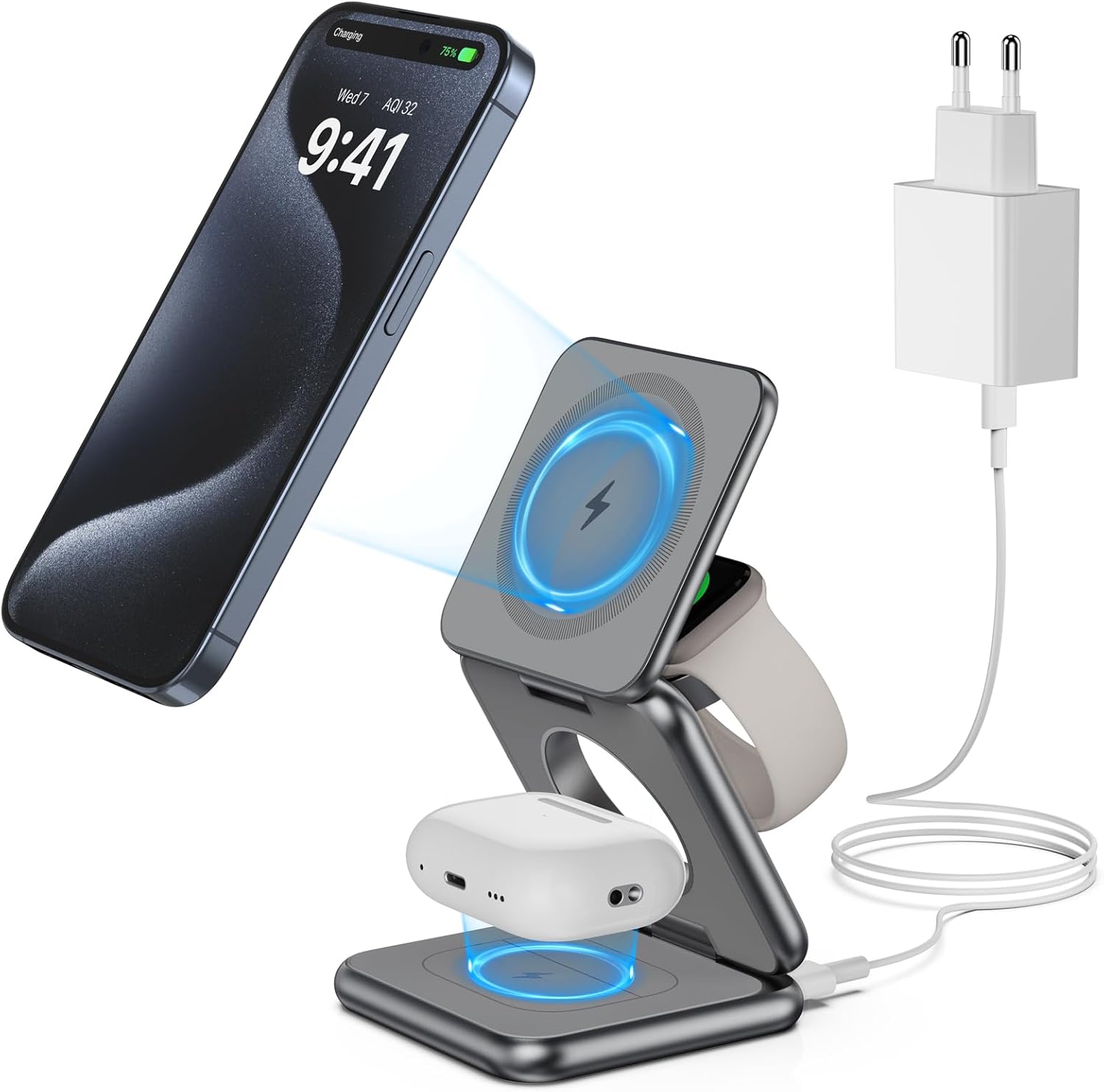 Caricabatterie Wireless 3 In 1 R13 | Stazione Di Ricarica Multipla Per Dispositivi, Elegante E Compatta