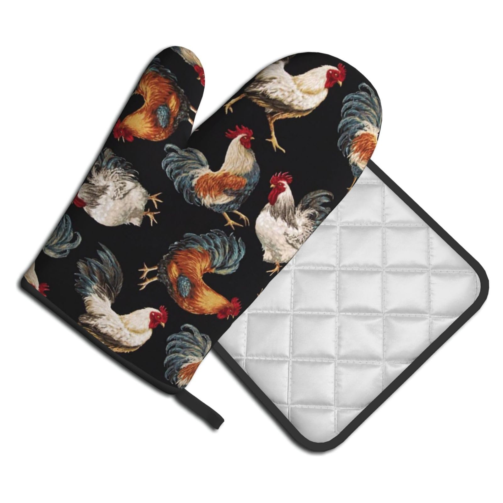 Oven Mitts and Pot Holders Set of 2 Pcs, French Roosters Printed Heat Resistant Kitchen Gloves Potholders for Cooking Baking Grilling