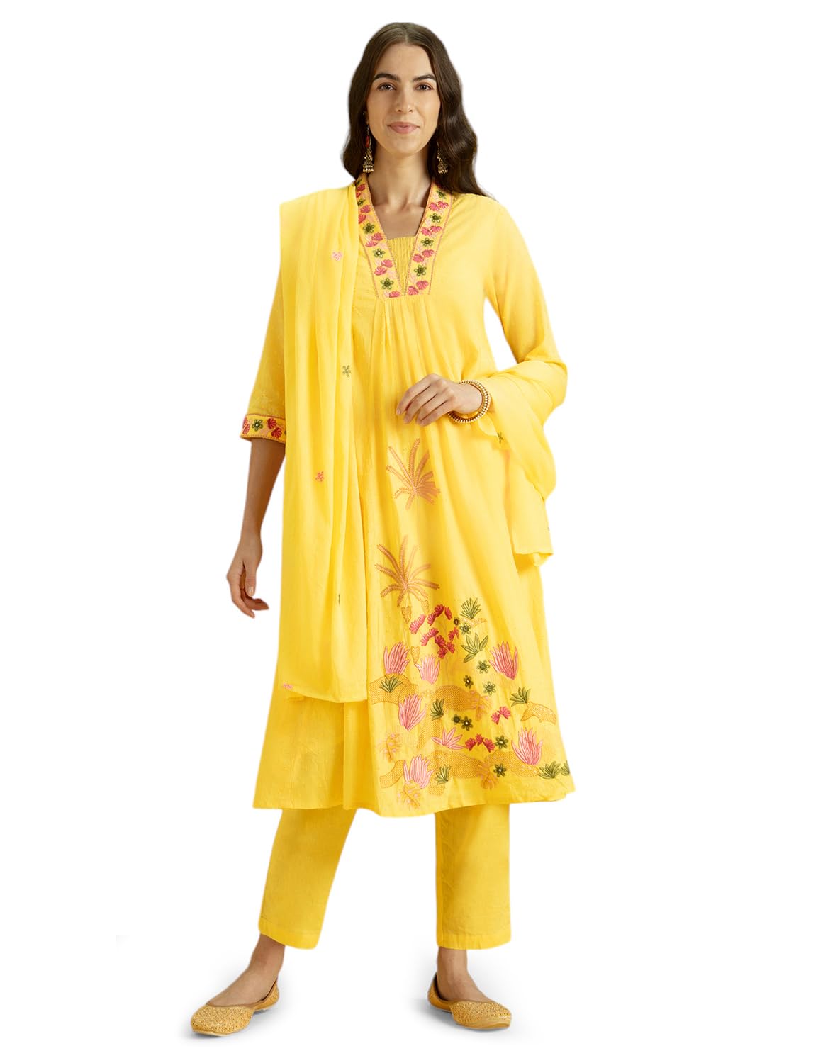 Kaari Women's Surajmukhi Yellow​ Embroidered Kurta Set With Dupatta - A-Line Fit | 100% Cotton | Embroidered Cotton Dupatta | Multi-Color Placement Embroidery | Kurta Set For