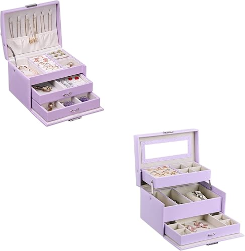 Miniatura 1 de BEWISHOME Joyero para adolescentes caja organizadora de joyas de 3 capas con cerradura estuche de viaje de joyería para mujeres y niñas cajas de