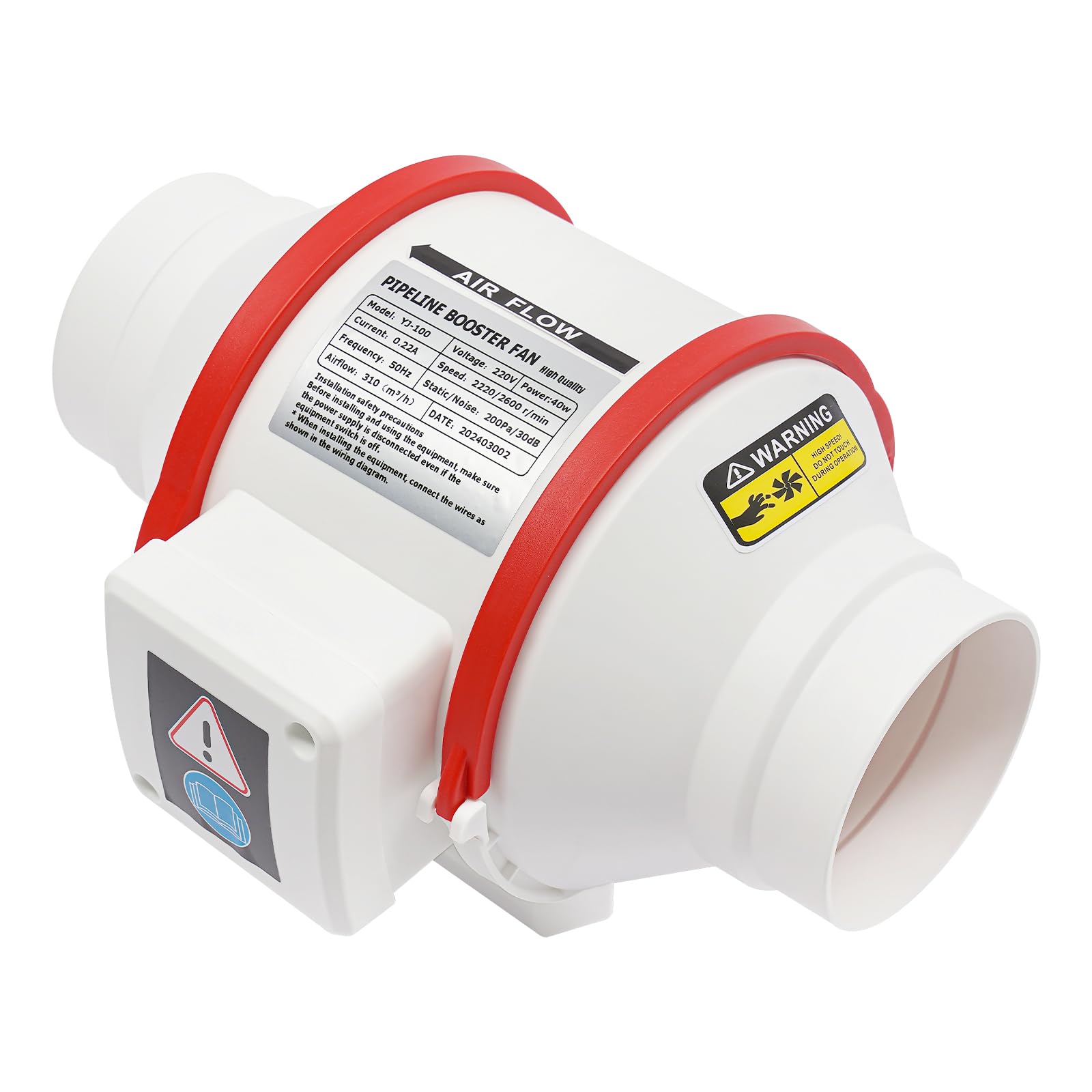 Ventilador Tubular Ajustable Extractor de Air, 100 mm, Ventilador de extracción 310 m³/h 2220 rpm / 2600 rpm, para baño, inodoro, cocina, invernadero, garaje, blanco