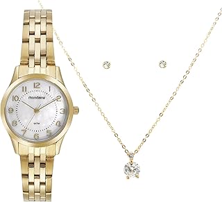 Kit relógio feminino dourado mondaine com semi-joias 32796lpmkde1k1