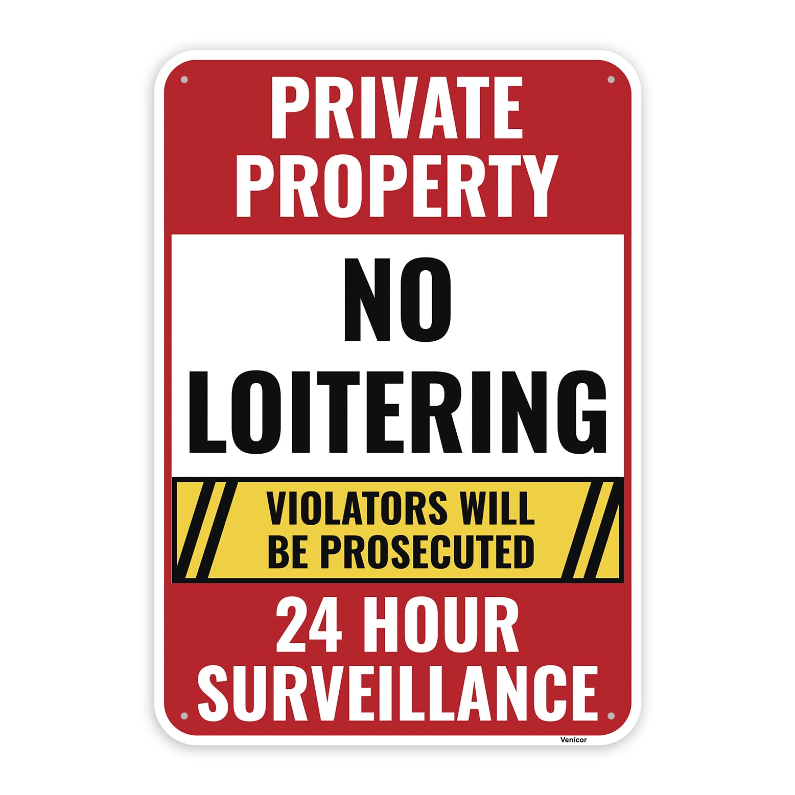 1PC Private Property No Loitering Sign, 10 x 7 Inches - Aluminum - Violators Will Be Prosecuted 24 Hour Surveillance Sign For Business