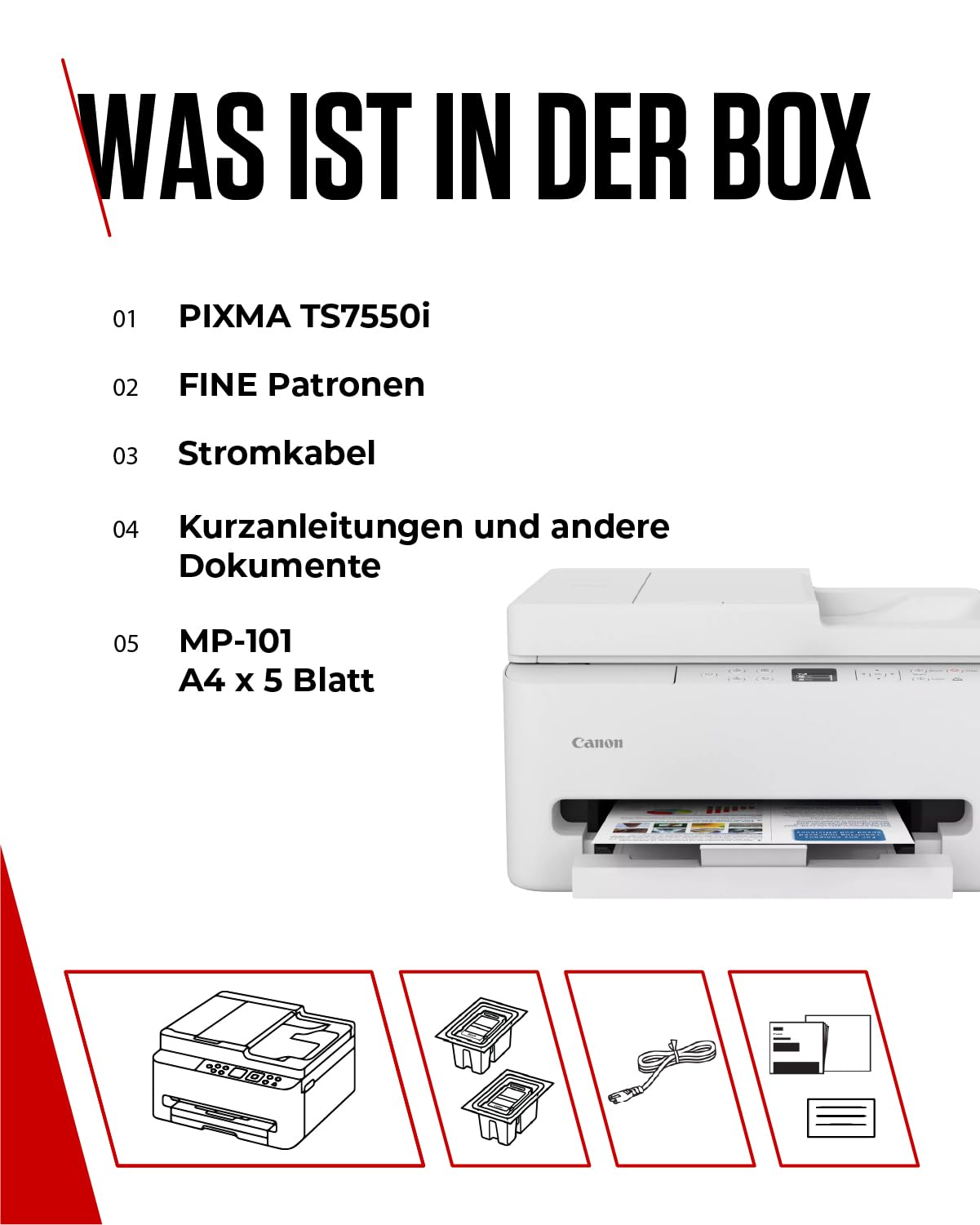 Canon PIXMA TS7550I - WLAN-Multifunktionsdrucker mit ADF, Papierkassette und Frontbedienung | Kabelloses Drucken vom Smartphone leicht gemacht - Enthält MP-101 A4-Fotopapier, 5 Blatt