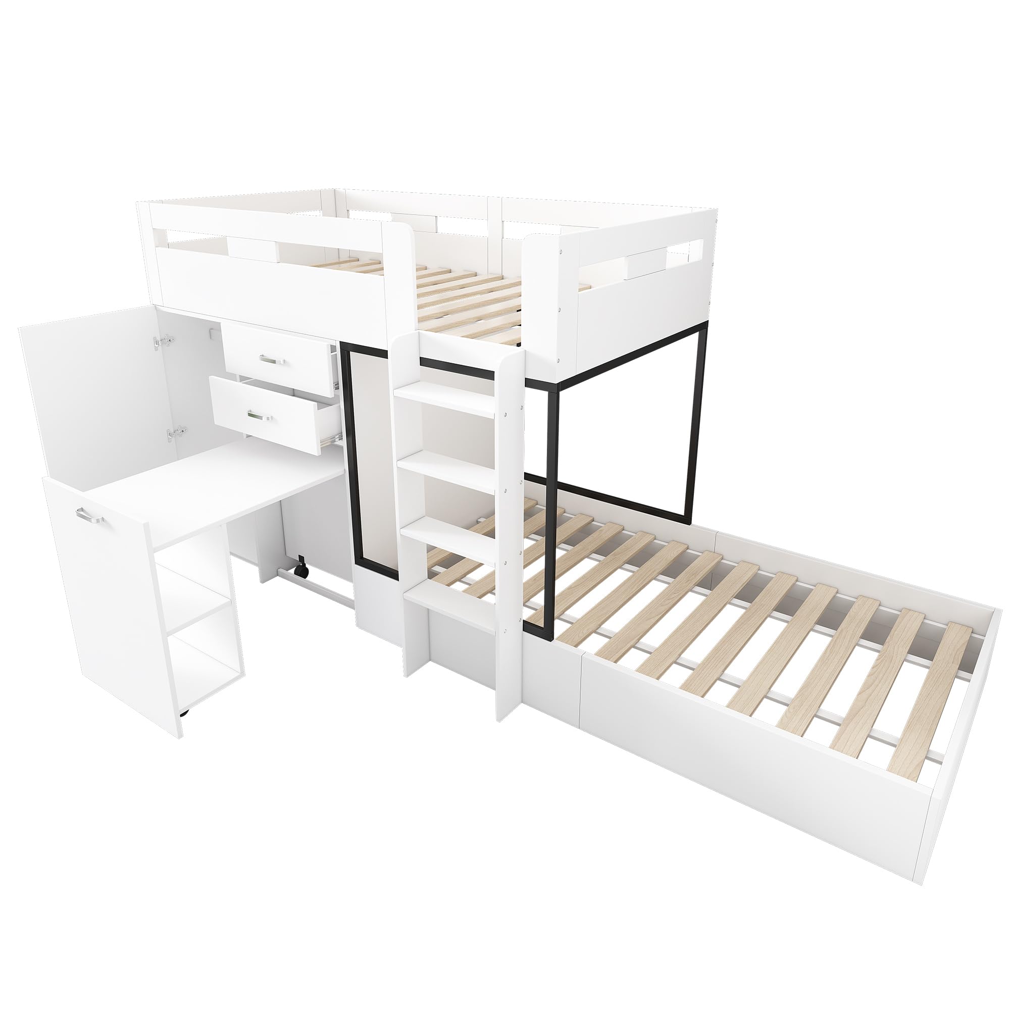 Sapgaks Litera infantil con escritorio extensible y armario, cama cabaña infantil 90 x 200 cm, cama infantil con cajón y estantes y escaleras, color blanco
