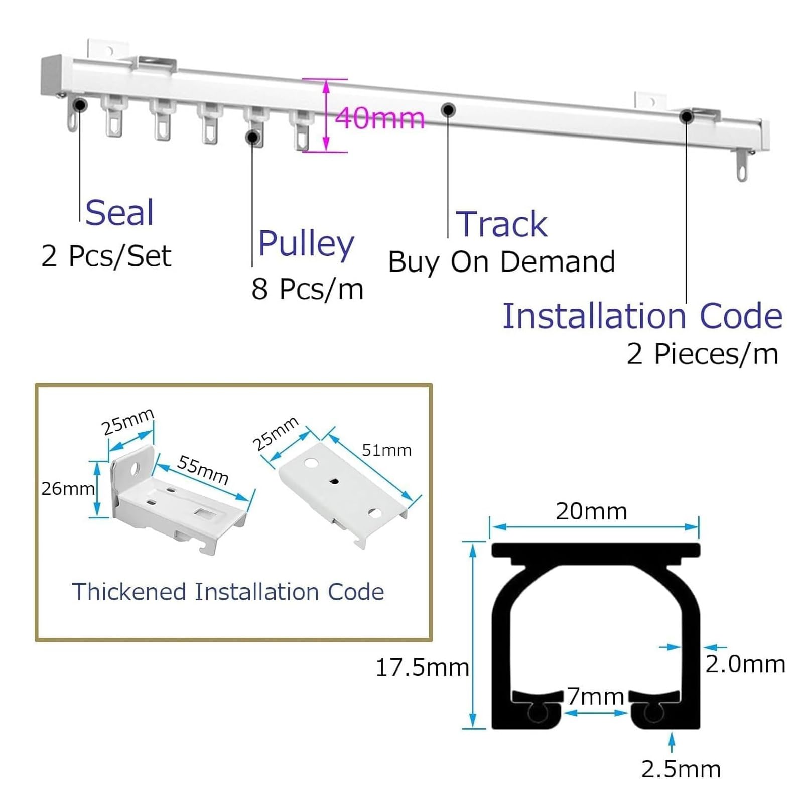 Aain Système de rails 300 cm en aluminium pour plafond/mur Idéal pour rideaux Ains Disponible en D H 50 600 cm Opts