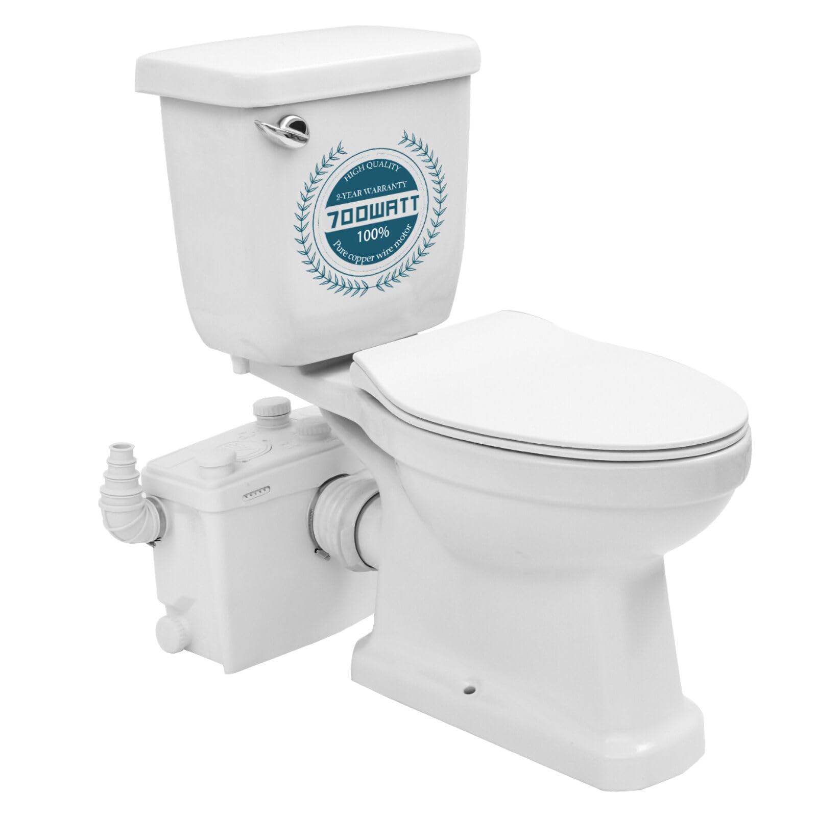 700 Watt Macerating Toilet with Pump, Upflush System for Basement Toilet Kitchen Sink Shower Included Macerator Pump, Water Tank, Elongated Toilet Bowl, Seat Cover, Extension Pipe, 30ft Vertically