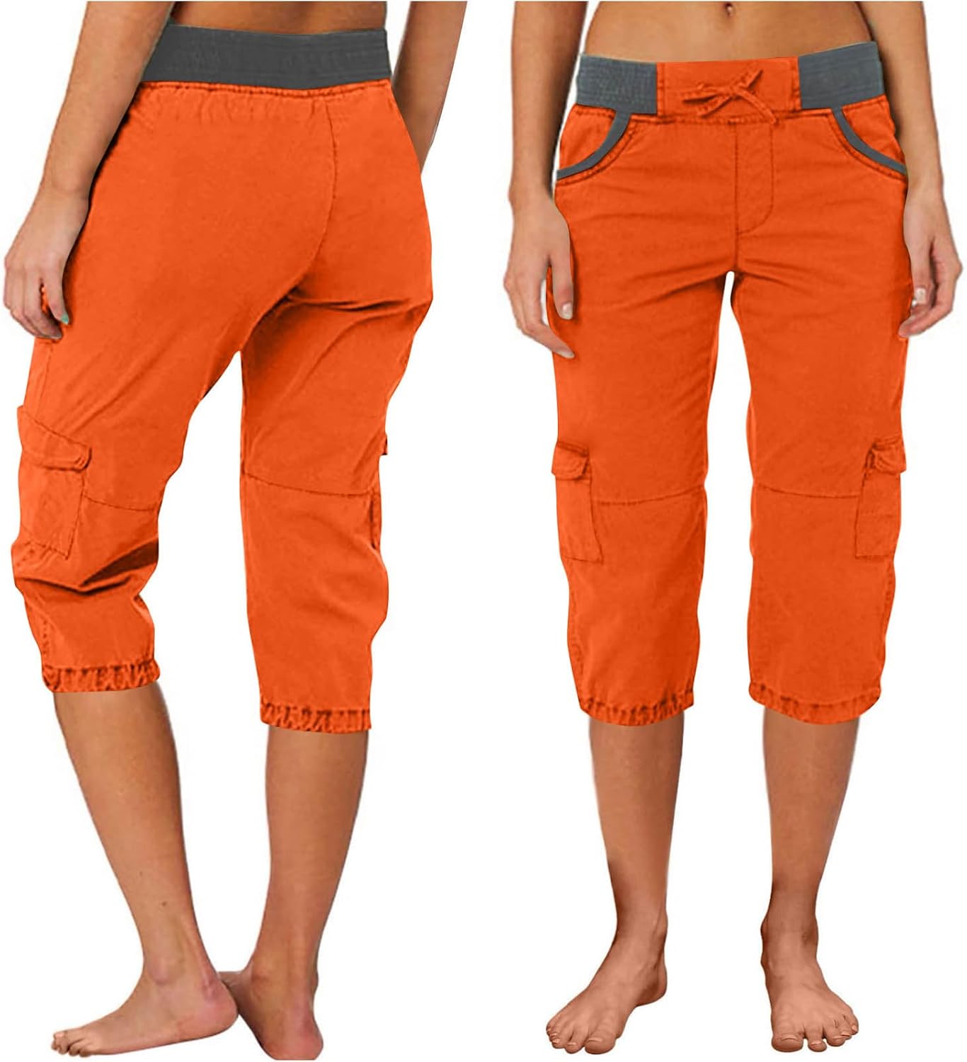 Womens Cargo Capri Pants Knee Length Cotton Capris Summer Casual Fall Drawstring Straight Leg Trousers with Pockets