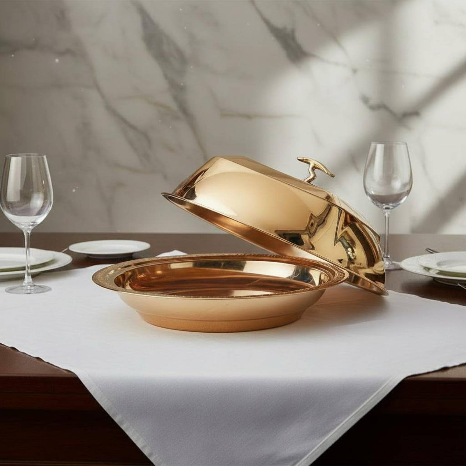 Bandeja para Servir con Tapa Cubierta Plato con Cúpula Fuente con Tapa Bandeja de Servicio de Acero Inoxidable Pulido con Protección contra Polvo y, Dorado, 36 Cm