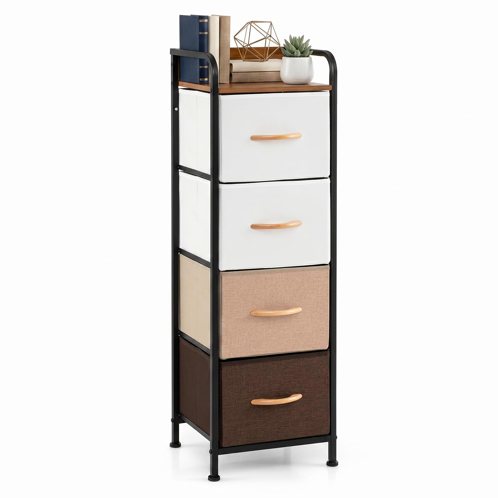 COSTWAY Cómoda con 4 Cajones, Cajonera Estrecha con Cajones de Tela Plegables Extraíbles y Estructura Metálica, Armario Organizador Independiente para Entrada Salón Dormitorio Vestidor