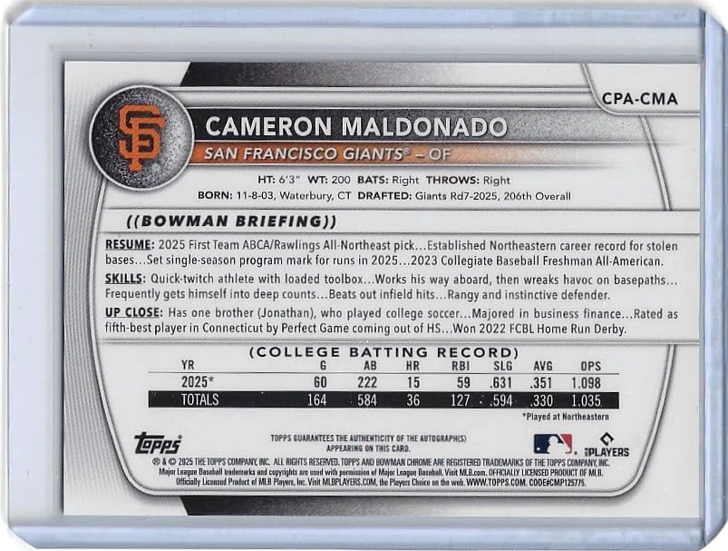 Cameron Maldonado Autographed 1st Bowman Prospects Auto Collectible Baseball Card - 2025 Bowman Baseball Card #CPA-CMA (Giants)