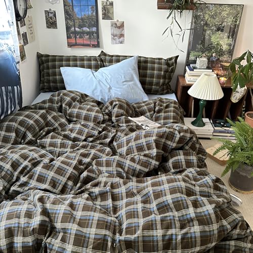 Image of MKXI Twin Size Blue, Brown & Green Buffalo Plaid Duvet Cover Set - 3 Piece Vintage Aesthetic Bedding Set, 100% Washed Cotton, Minimalist Design, Soft & Breathable Duvet Cover with Zipper Closure