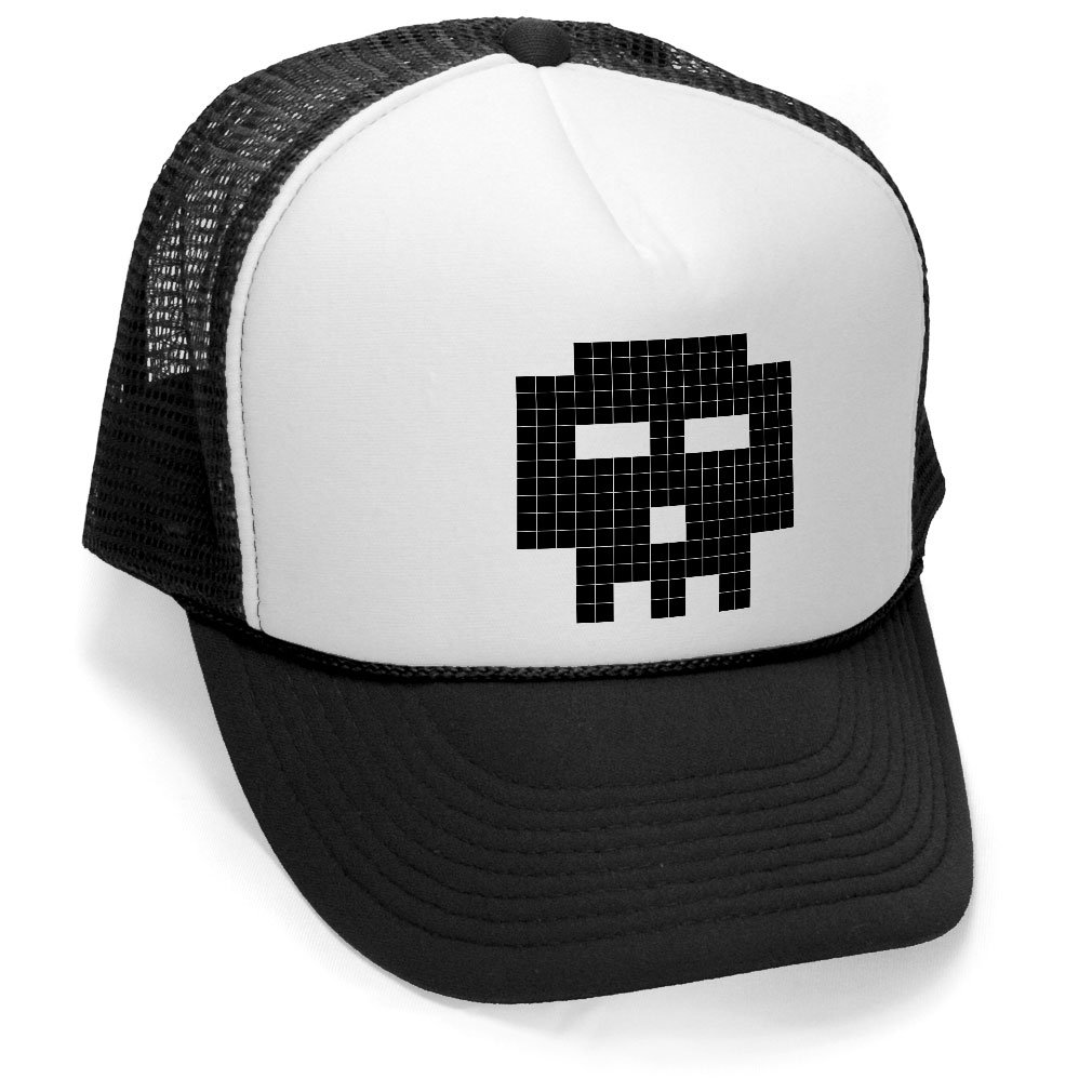 8-BIT SKULL - retro gamer gaming funny Mesh Trucker Cap Hat, Black