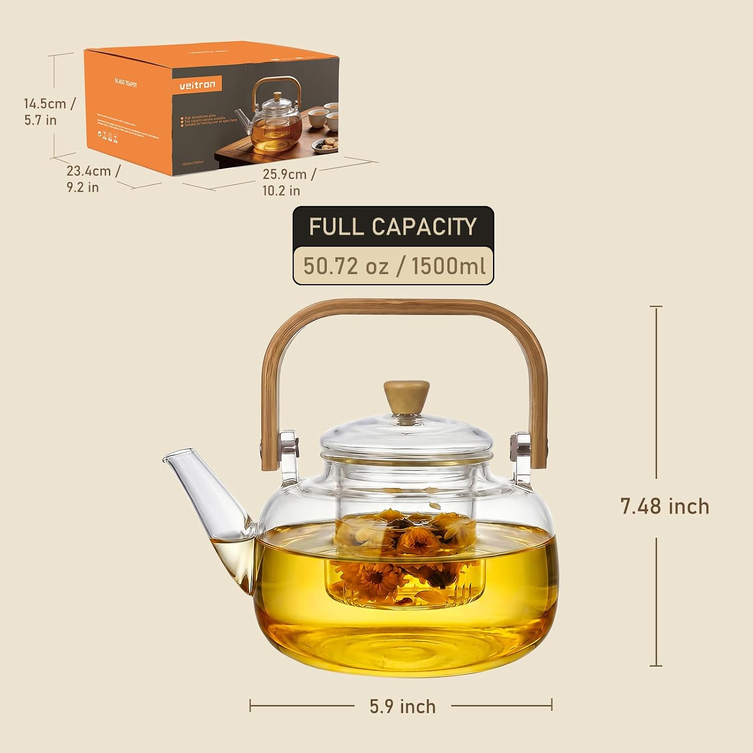 1500ml (50.72oz) Borosilicate Glass Teapot with Wooden Handle, Stovetop Safe Large Tea Kettle with Removable Glass Infuser for Blooming Tea & Loose Leaf Tea