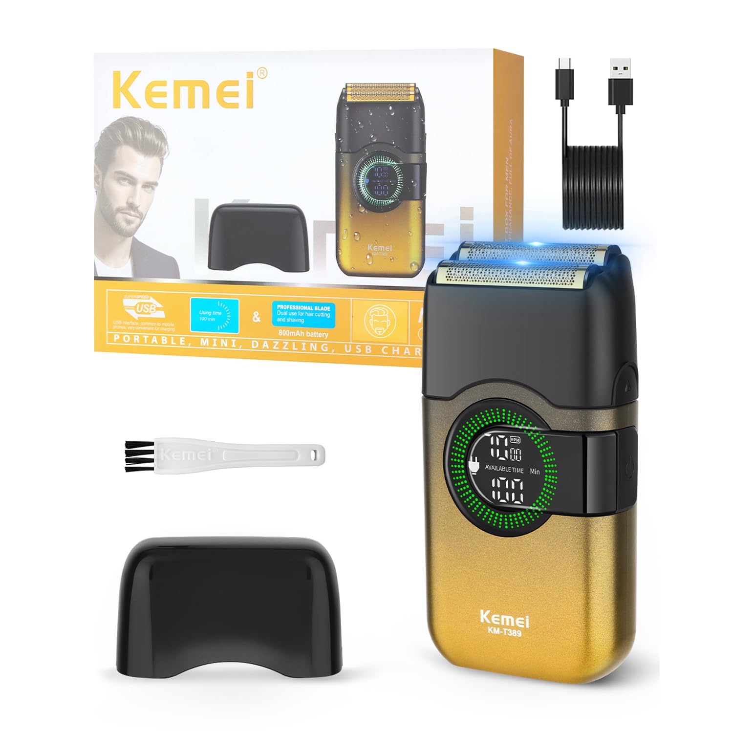 KEMEI Electric Foil Shavers for Men, Double Foil Razor with Floating Blades, Cordless Skin Fade Beard Shaver, USB Type C Rechargeable Up to 100 Min Usage, Travel Lock, KM-T389