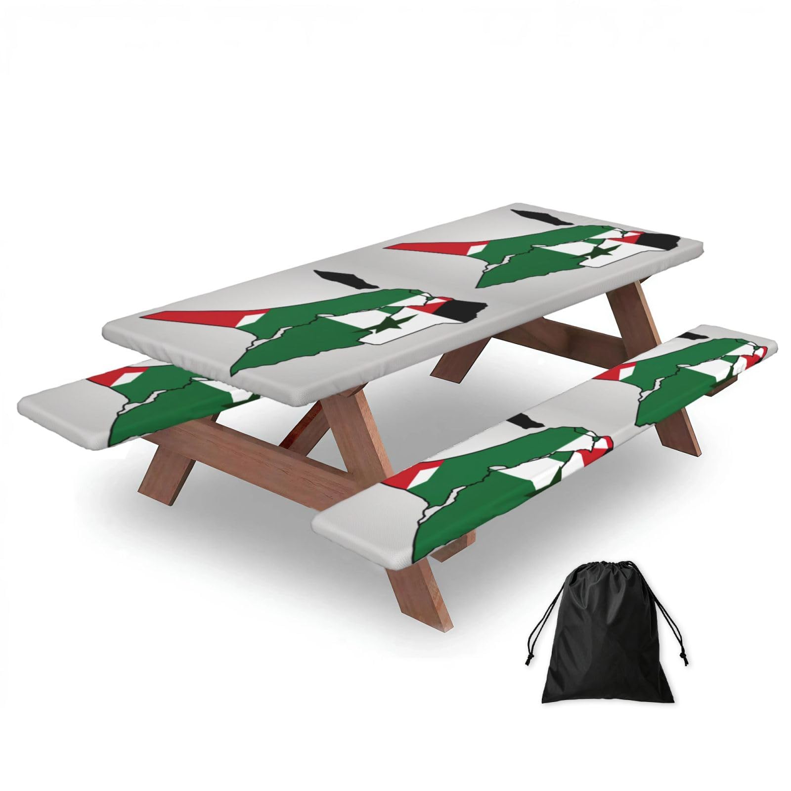 Duwaa Black State Of Palestine Flag Map02 Print 183Cm Picnic Table Cover With Bench Covers, Waterproof Elastic Tablecloth Set For Outdoor