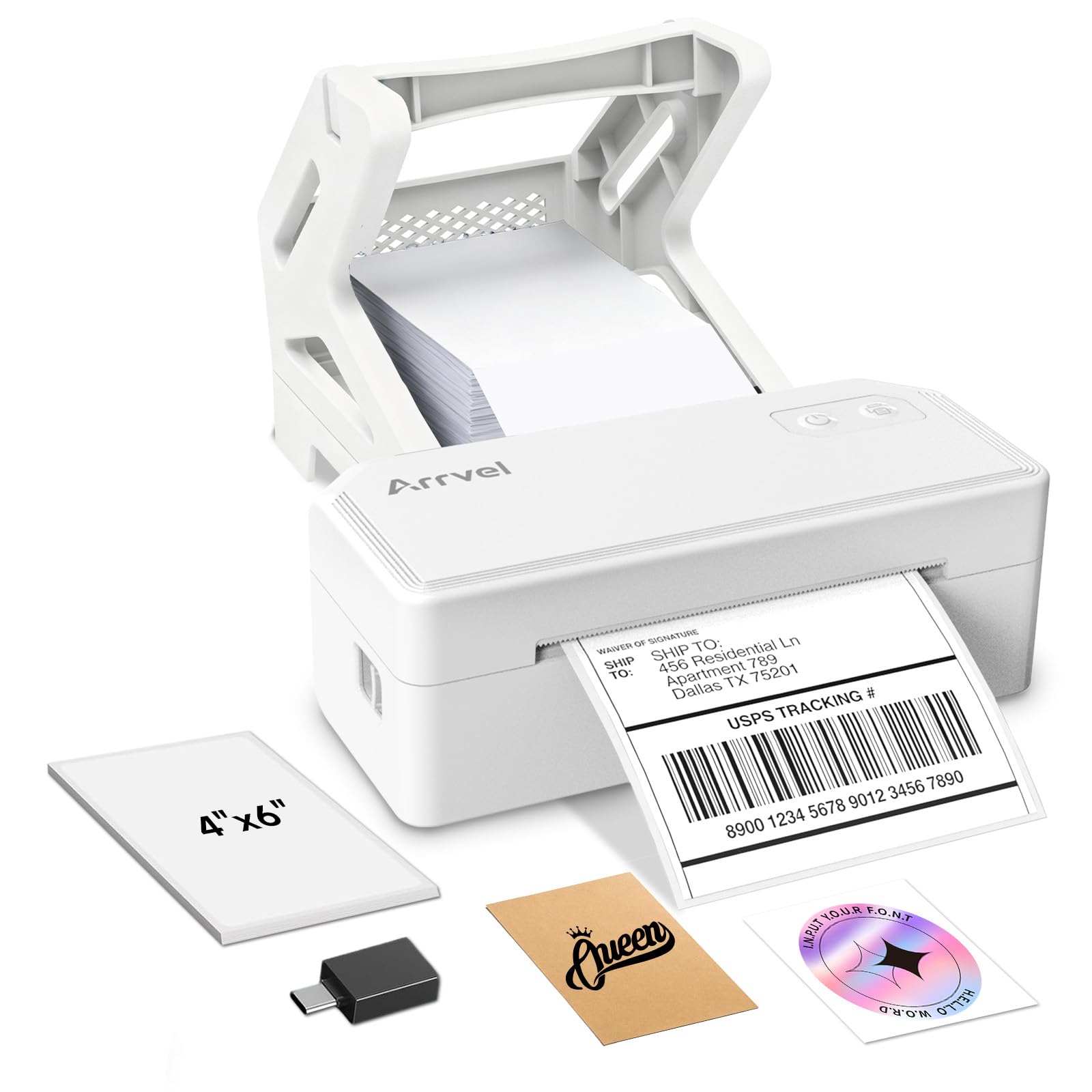 Arrvel Bluetooth Thermal Label Printer with Stand, Wireless 4x6 Shipping Label Printer for Small Business, Inkless Printing for USPS Amazon Etsy Shopify, Support iPhone Android Windows Mac (White)