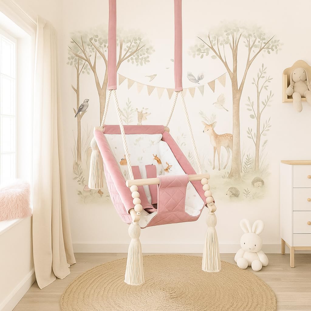 Altalena Bambino Rosa Velluto, Amaca Interna 2m+, Personalizzabile con Nome Ricamato, Made in Europa, Sedile sospeso sicuro 25kg