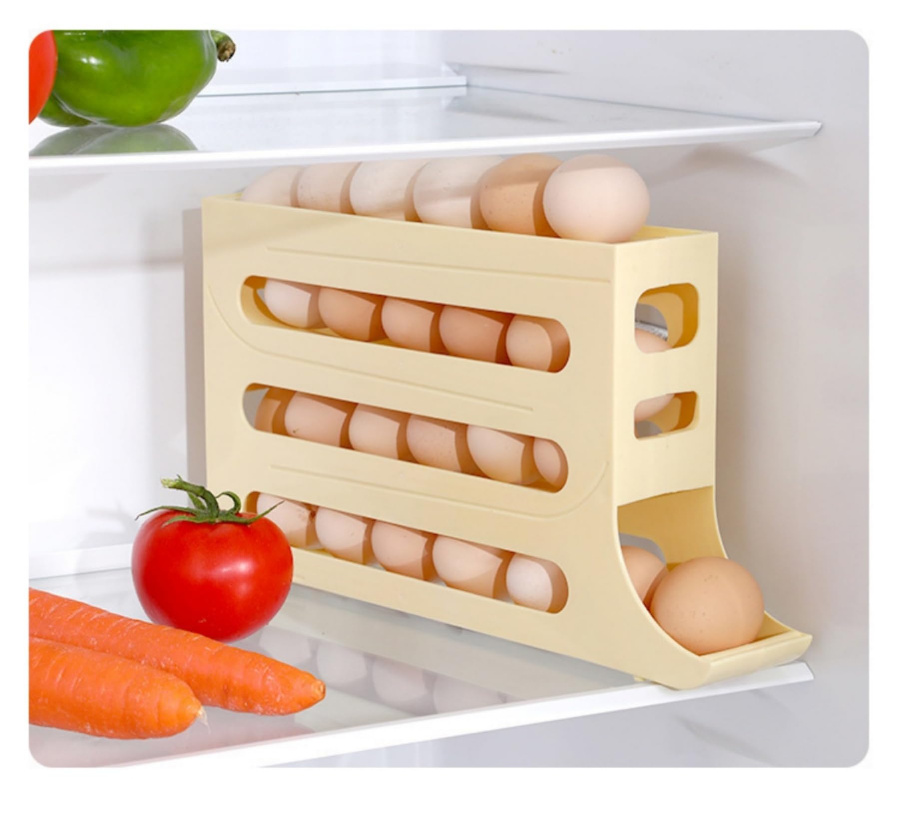 Soporte para 30 huevos para refrigerador, contenedor de huevos de 4 niveles, organizador de huevos con ruedas automáticas para refrigerador, soporte dispensador de huevos que ahorra espacio, estante 9