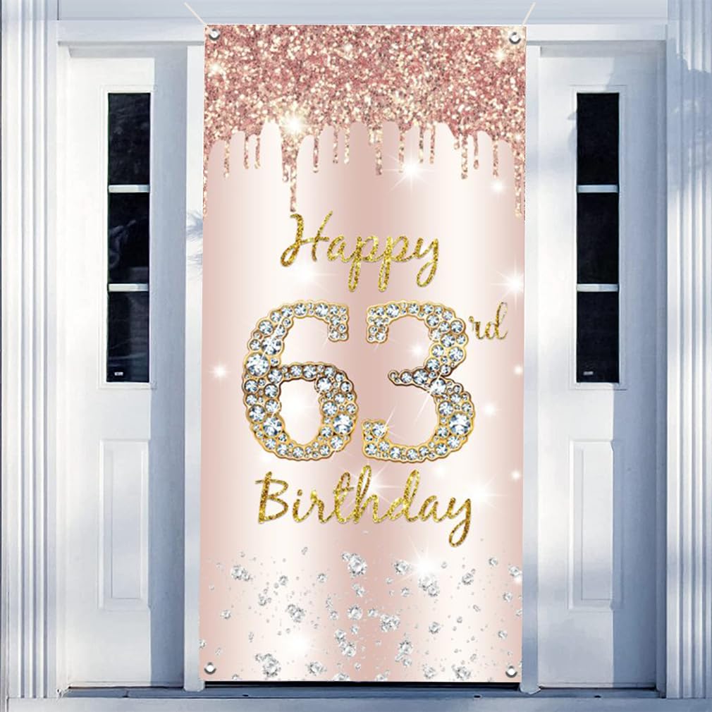 63. urodziny dekoracja damska, Happy 63rd Birthday Door Banner różowe złoto, 63. urodziny tkanina tabliczka plakat dekoracja drzwi, 63. urodziny tło baner damski, przyjęcie urodzinowe tabliczka