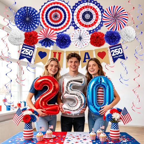 Image of 34PCS 4th /Fourth of July USA 250th Anniversary Decorations Set, Red White Blue Patriotic Decorations, Love USA Banner American Flag Pom Poms Decor for Memorial Day Independence Day