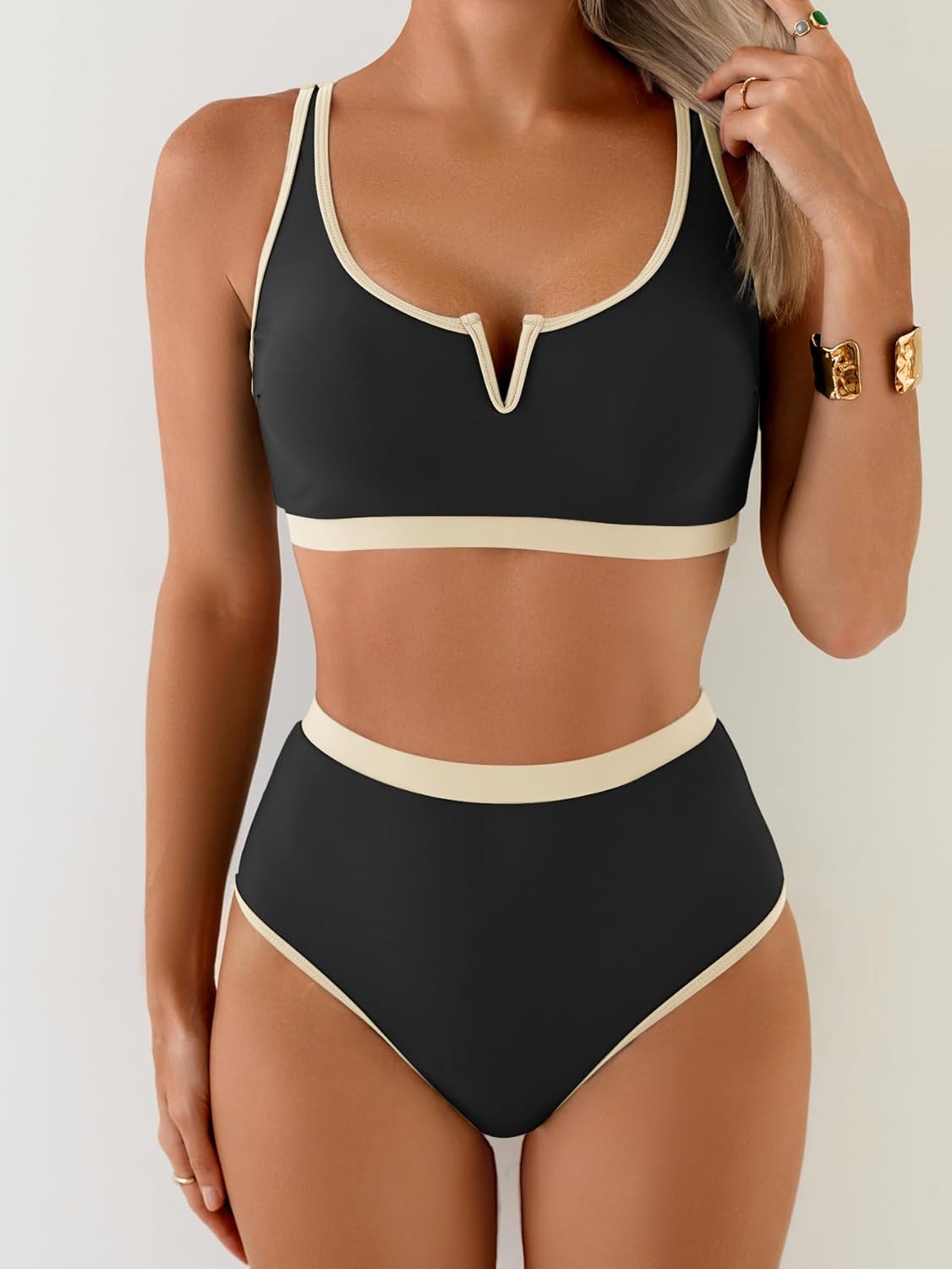 Women's High Waisted Bikini Sets Color Block Two Piece Swimsuits Sporty V Neck Bathing Suit - Image 4