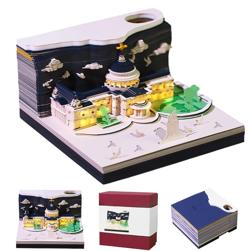 3D Kalender Abreißen 2026, Magic Castle 3D-Notizblock, Kreative Tischkalender-Notizblock, Memo-Pad Schreibtisch mit Stifthalter, Wochenkalender Papierskulptur Desktop Ornament(Gebäude mit Licht)