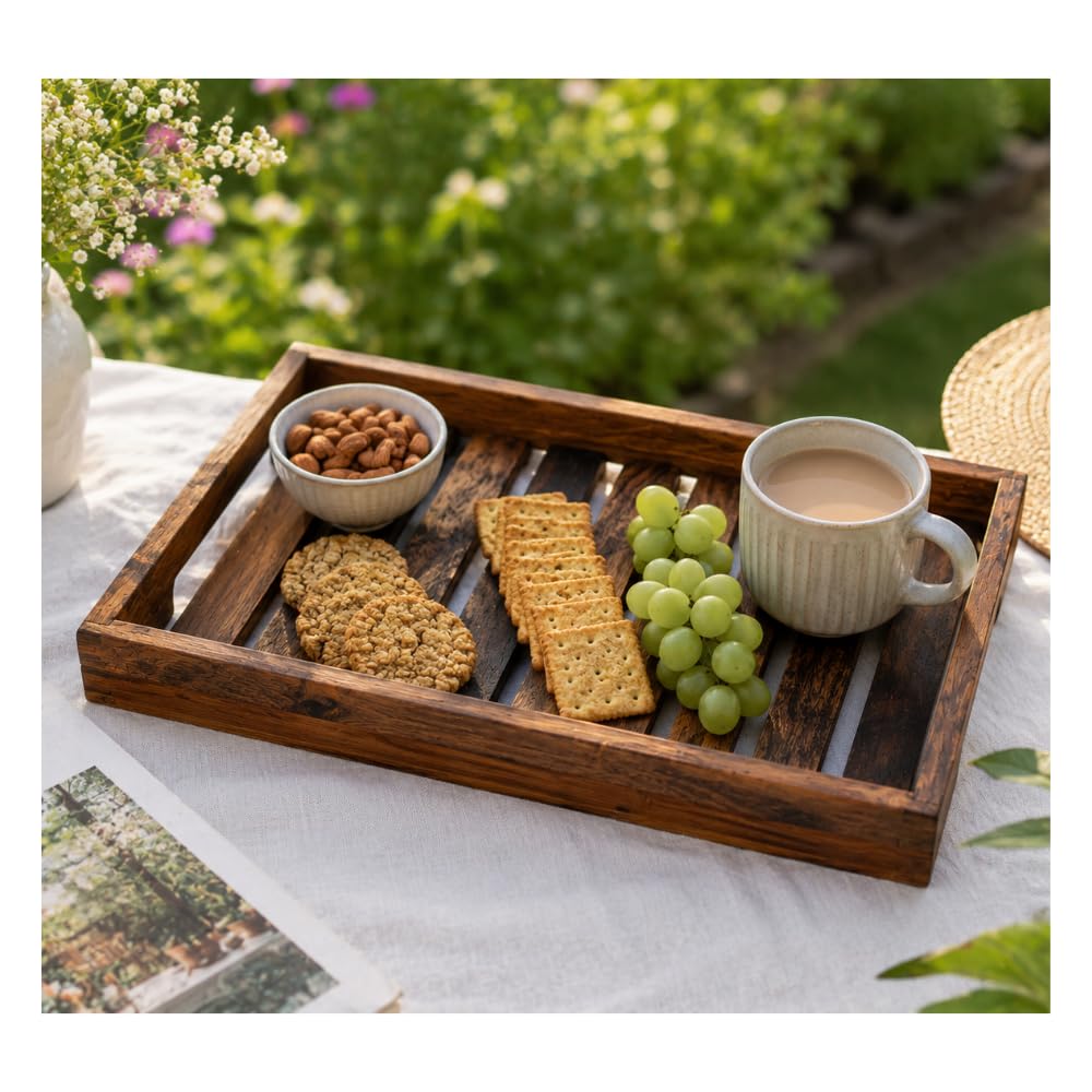 GINGERLY Wooden Serving Tray | Sheesham Wood Tray 12 x 8 Inch | Wooden Tray for Kitchen | Serving Tray for Coffee, Tea, Snacks & Breakfast | Table Tray for Home, Restaurant, Office & Decor-image-38
