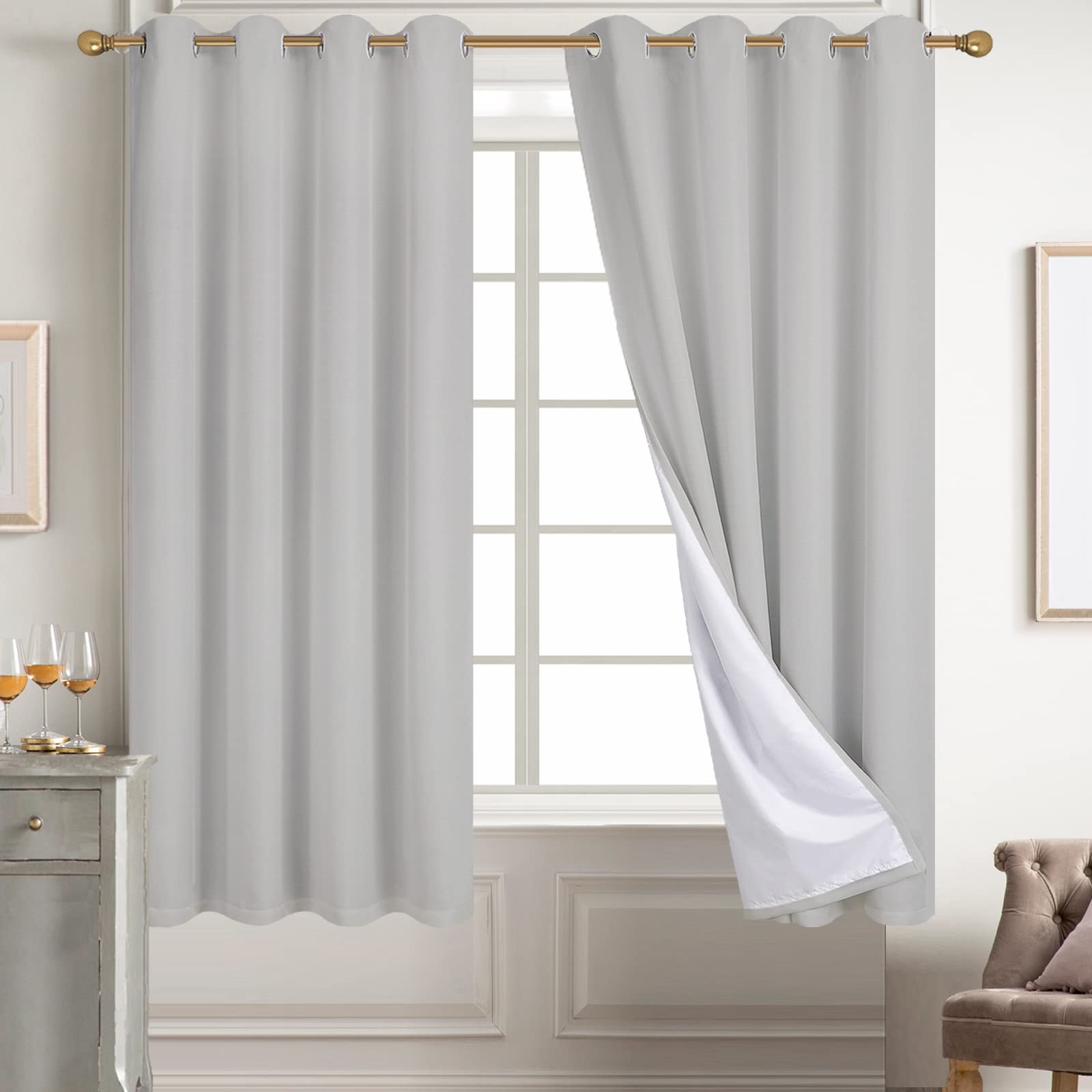 Diraysid 100% Blackout Curtains Light Grey Linen Curtains for Bedroom Grommet Thermal Insulated Room Darkening Drapes (2 Panels, W52 x L54 Inch)