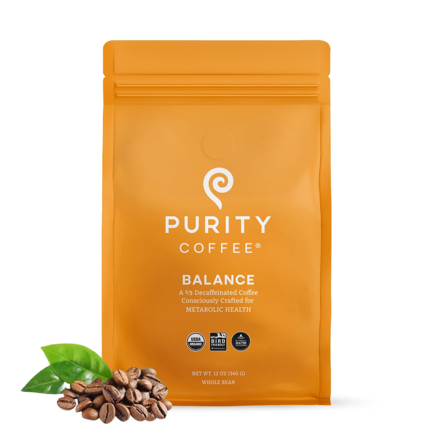 Purity Coffee BALANCE 2/3 Decaf Medium Roast Whole Bean (12oz Bag) | Specialty-Grade USDA Organic Mountain Water Decaffeinated + Arabica Blend | Third Party Tested for Mold, Mycotoxins & Pesticides