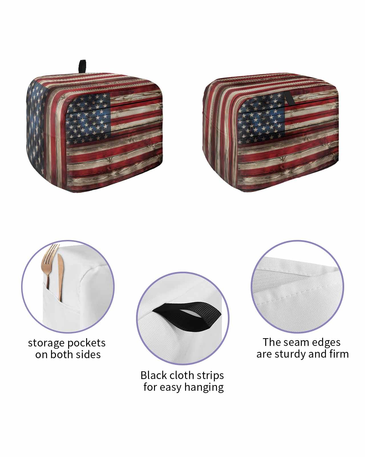 American Flag Toaster Cover 2 Slice, Stars And Stripes Vintage Wooden US Flag Dustproof Bread Machine Oven Cover with Storage Pockets, Fits Most Kitchen Toasters Protector