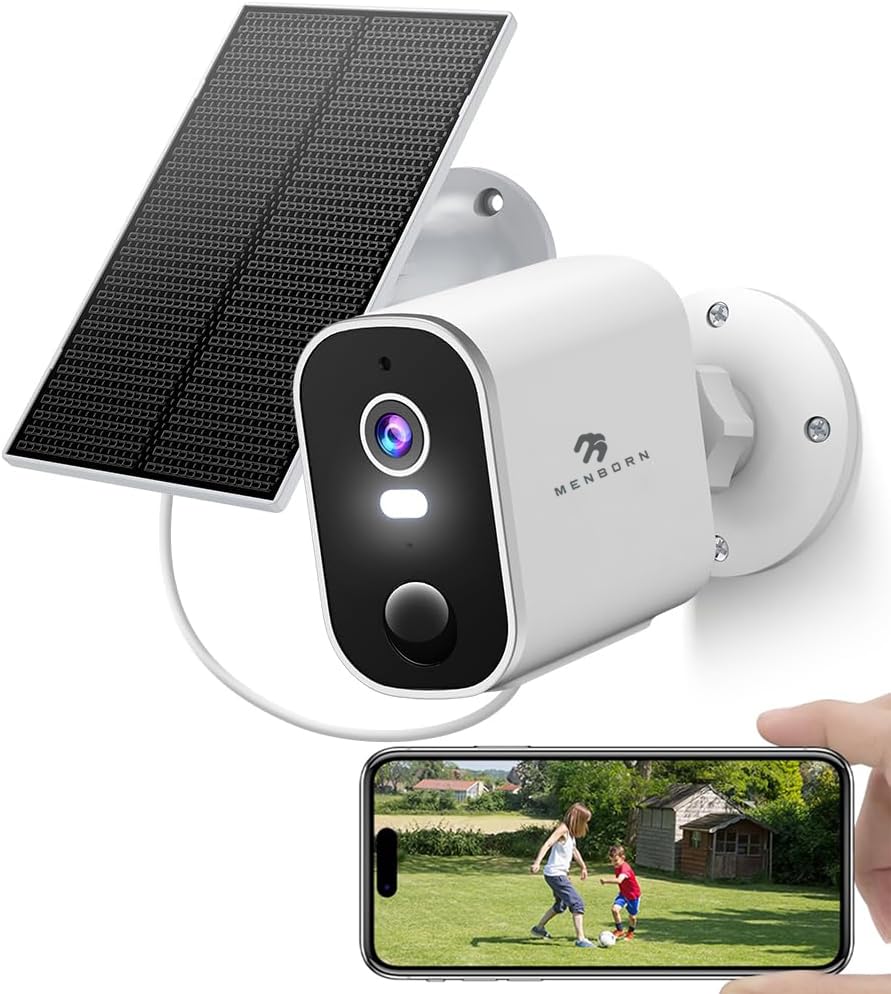 Menborn Camera Surveillance WiFi Exterieure sans Fil 2K Solaire, Détection de Mouvement PIR & IA, Vision Nocturne Couleur, Audio Bidirectionnel, Compatible...