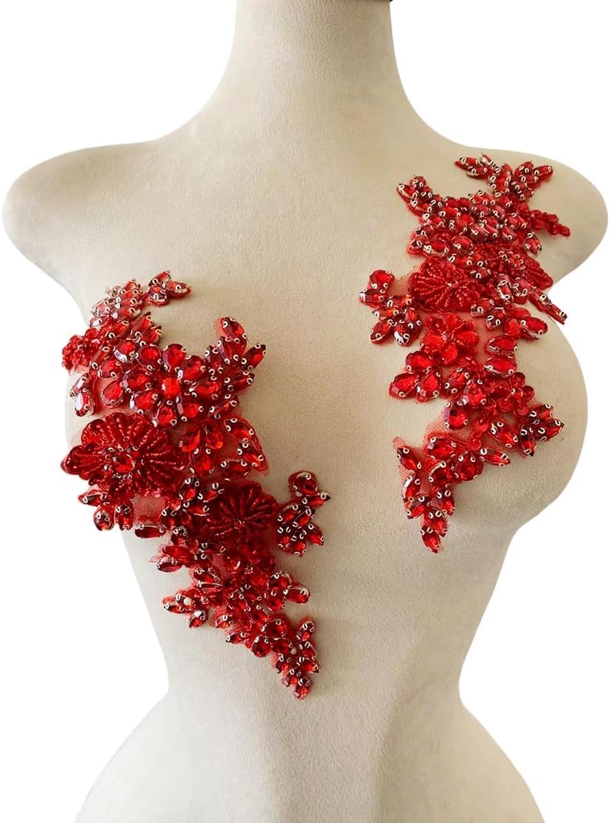 Handmade Rhinestones Applique DIY Handsewing Beads Sequins Trim Patch 1 Pair Dress Clothes Accessories 4.3X10.6inches (Red)