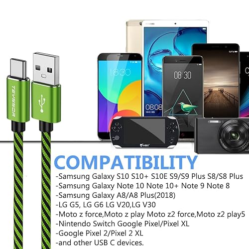 Miniatura 6 de Teyssor Cable USB C de 10 pies, paquete de 5 unidades de nailon trenzado USB A a tipo C, cable de carga rápida compatible con Samsung Galaxy S24 S23