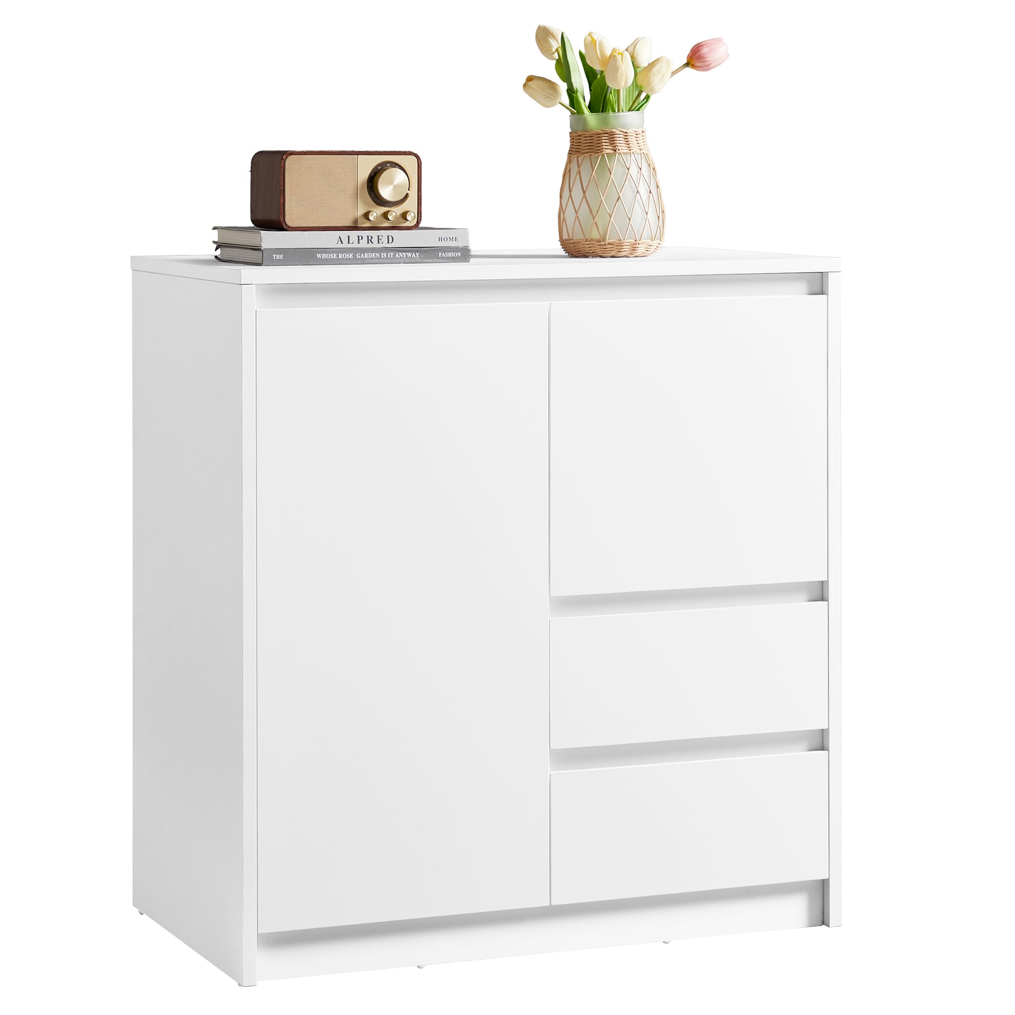 VASAGLE KAILYN Colección - Aparador, Armario de Almacenamiento, con Puerta y Estante Ajustable, 2 Cajones, 40 x 70 x 74,5 cm, Salón, Comedor, Oficina, Blanco Nube BBK243W01V1