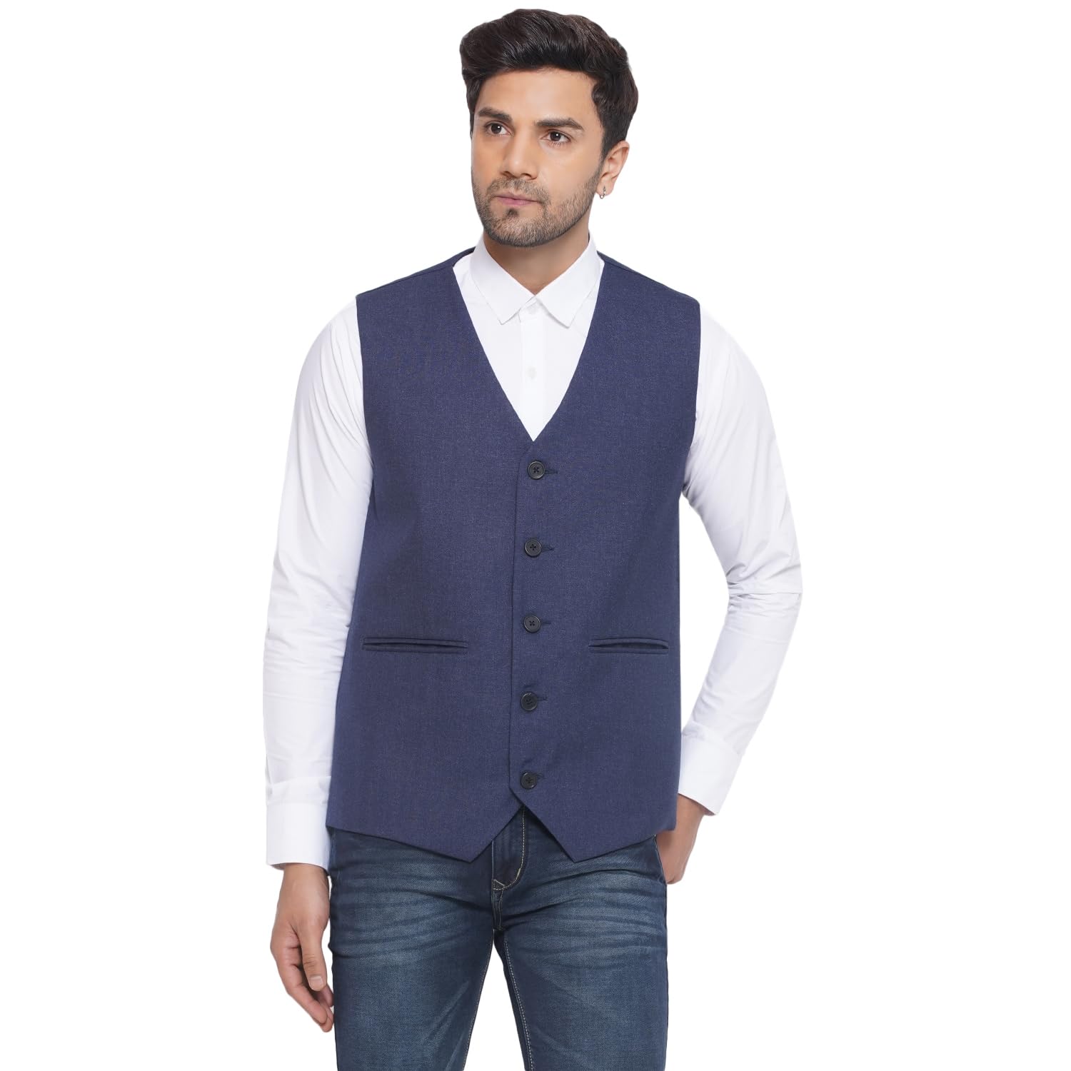 Cotton Poly Slub Waist Coat for Men (Blue)-image-29