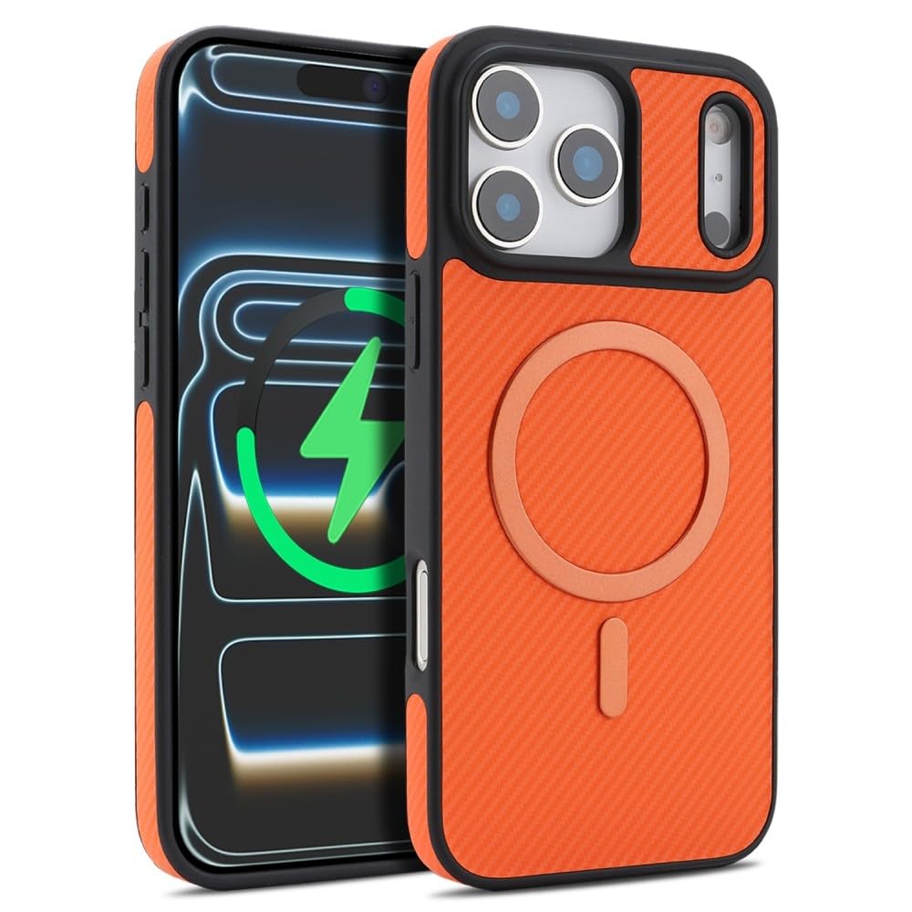 Generic Funda compatible con iPhone 15 (color: naranja) funda rígida de piel con patrón magnético de fibra de carbono