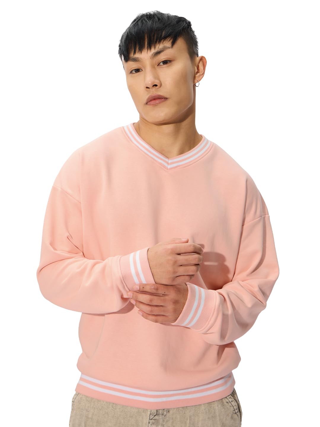 the souled store Solids: Nude Pink Men and Boys Long Sleeves V Neck Cotton Blend Oversized Sweatshirts-picture-11