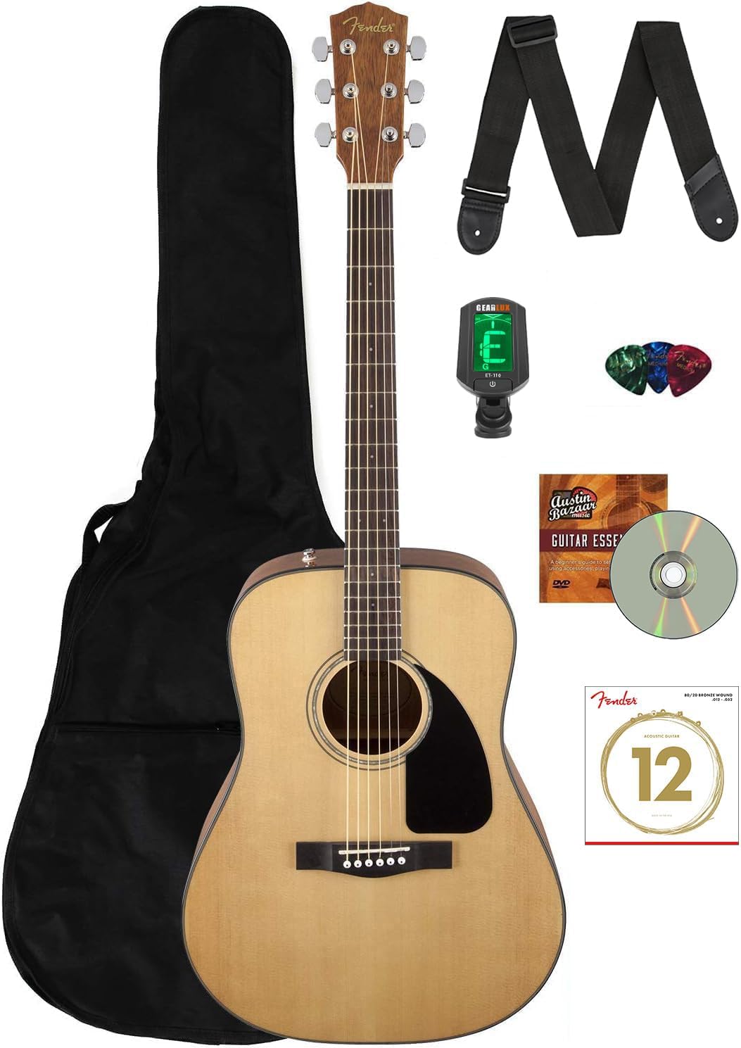 Fender CD-60 Dreadnought Acoustic Guitar - Natural Bundle with Gig Bag, Tuner, Strap, Strings, Picks, Instructional Book, and Austin Bazaar Instructional DVD
