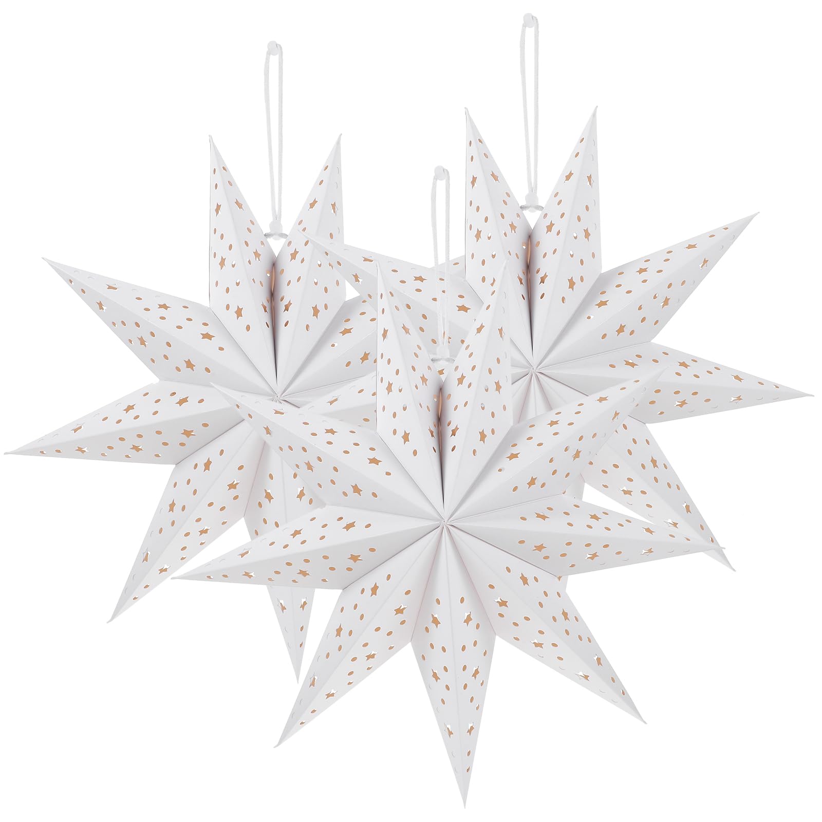 Toyvian 3pcs Christmas Paper Star Lanterns, 9-Pointed Hanging Lampshades 13 Inchchristmas Hanging 3D Paper Lampshade Star Light Shade Wedding Birthday Decoration, White Decorative Lamp Covers