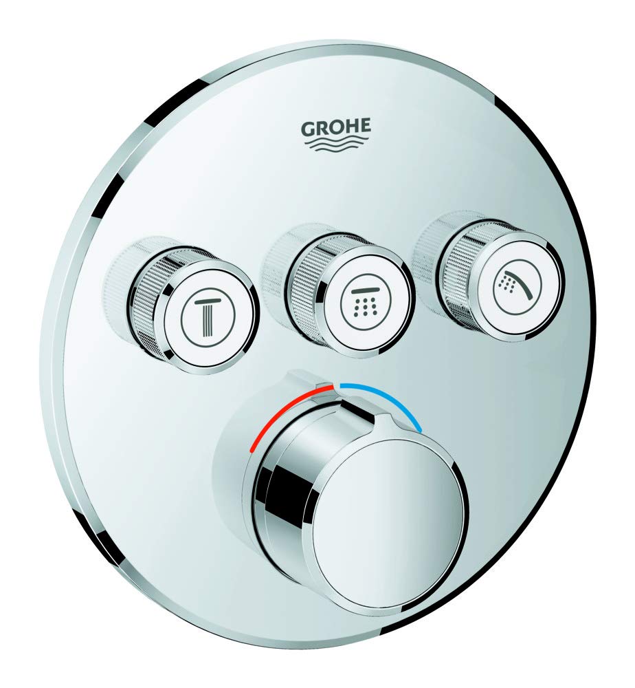 GROHE SmartControl Mixer – system prysznicowy z mieszaczem i deszczownicą (mikser podtynkowy z 3 zaworami odcinającymi, zestaw gotowy do montażu, łuk przyłączeniowy ścienny), okrągły, chrom, 34709000
