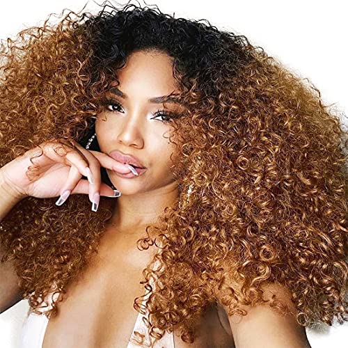 1B/#30 Ombre Brazilian Kinky Curly Hair 4 Bundles, 10A Dark Blonde Curly Weave Human Hair Extensions 100g, 100% Unprocessed Brazilian Hair Color Brown (12"14"16"18", 1B/30)