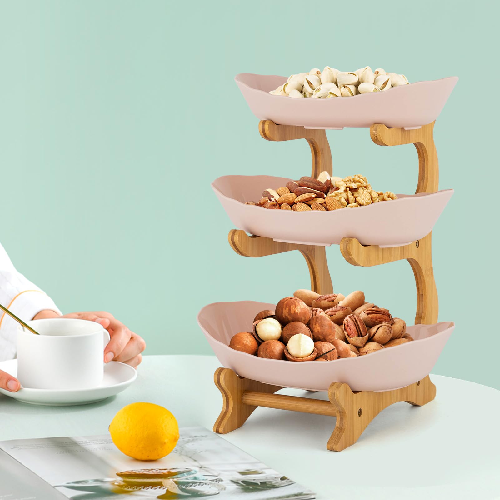 WSIKGHU Fruitschaal, fruitetagère, 3 verdiepingen, bamboehout, ovaal, fruitschaal, fruitmand, standaard, fruitsnack, taartstandaard (wit