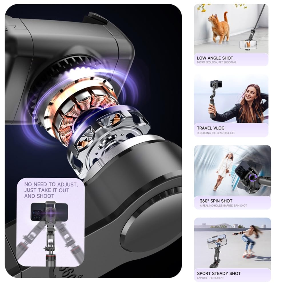 Selfie Stick Treppiede AI Face Tracking Gimbal Stabilizzatore Portatile Fotografia A 360° Magnetico per Smartphone Vite da 1/4"