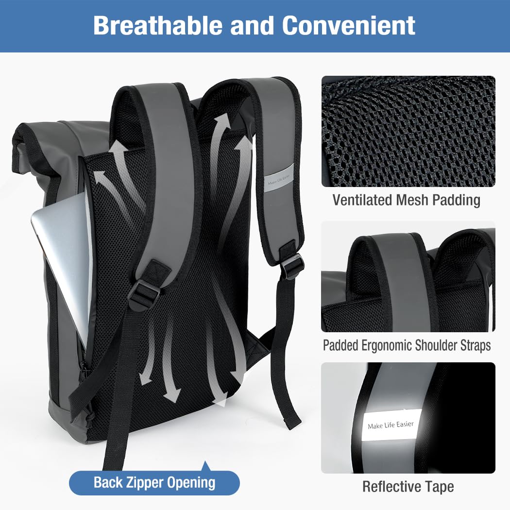 Lekeinchi Zaino Rolltop Uomo Donna Porta PC 17 Pollici | Zaino Impermeabile Uomo Donna - Rains Zaino con Strisce Riflettenti - Zaino da Viaggio Espandibile - Casual Lavoro Università - Grigio