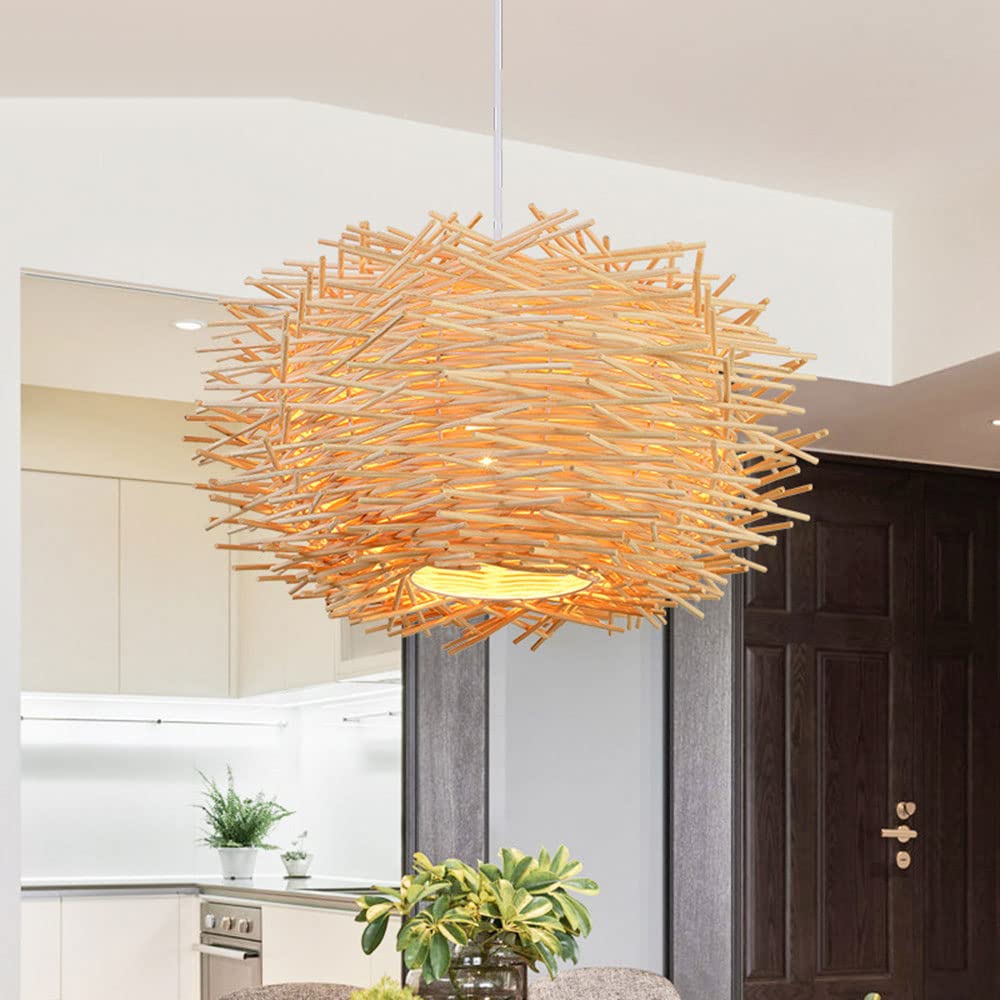 Lámpara De Araña De Bambú Y Ratán con Pantalla De Nido De Pájaro Elegante Lámpara Colgante De Bambú Hecha A Mano Accesorios De Iluminación De Mimbre Lámpara De Ratán De Mimbre DIY