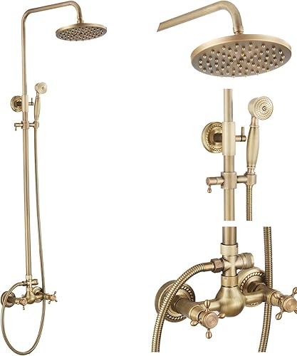 GGStudy Sistema de ducha de lluvia de latón antiguo, 2 perillas, mezcla, cabezal de ducha redondo de 8 pulgadas con rociador de mano grifo de ducha