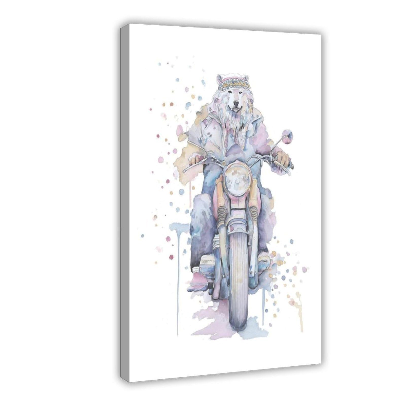 Jfecth Frame-Style Wolf On Motorcycle Watercolor Poster Canvas Poster For Office Decor Gift