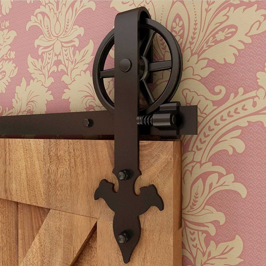 CCJH 11ft Heavy Duty Double Sliding Barn Door Hardware Kit -Smoothly and Quietly -Fit 33 inch Door Panel (Big Spoke Wheel Hanger Sword Style)