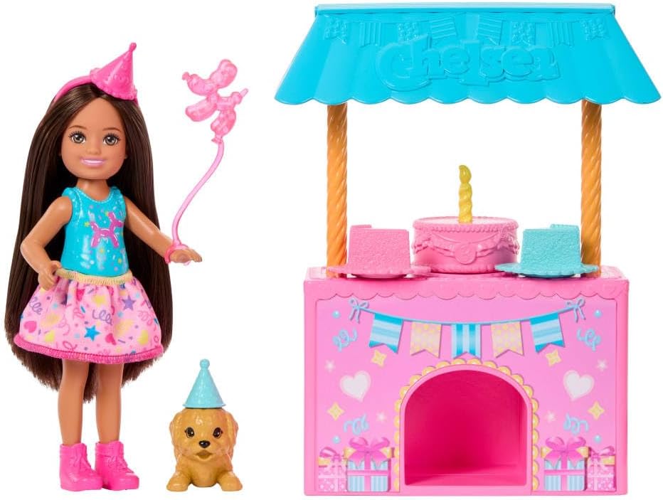 Barbie Family & Friends Club Chelsea Surprise Birthday Party Playset with Chelsea Small Doll (Brunette), Transforming Doghouse & 10+ Accessories